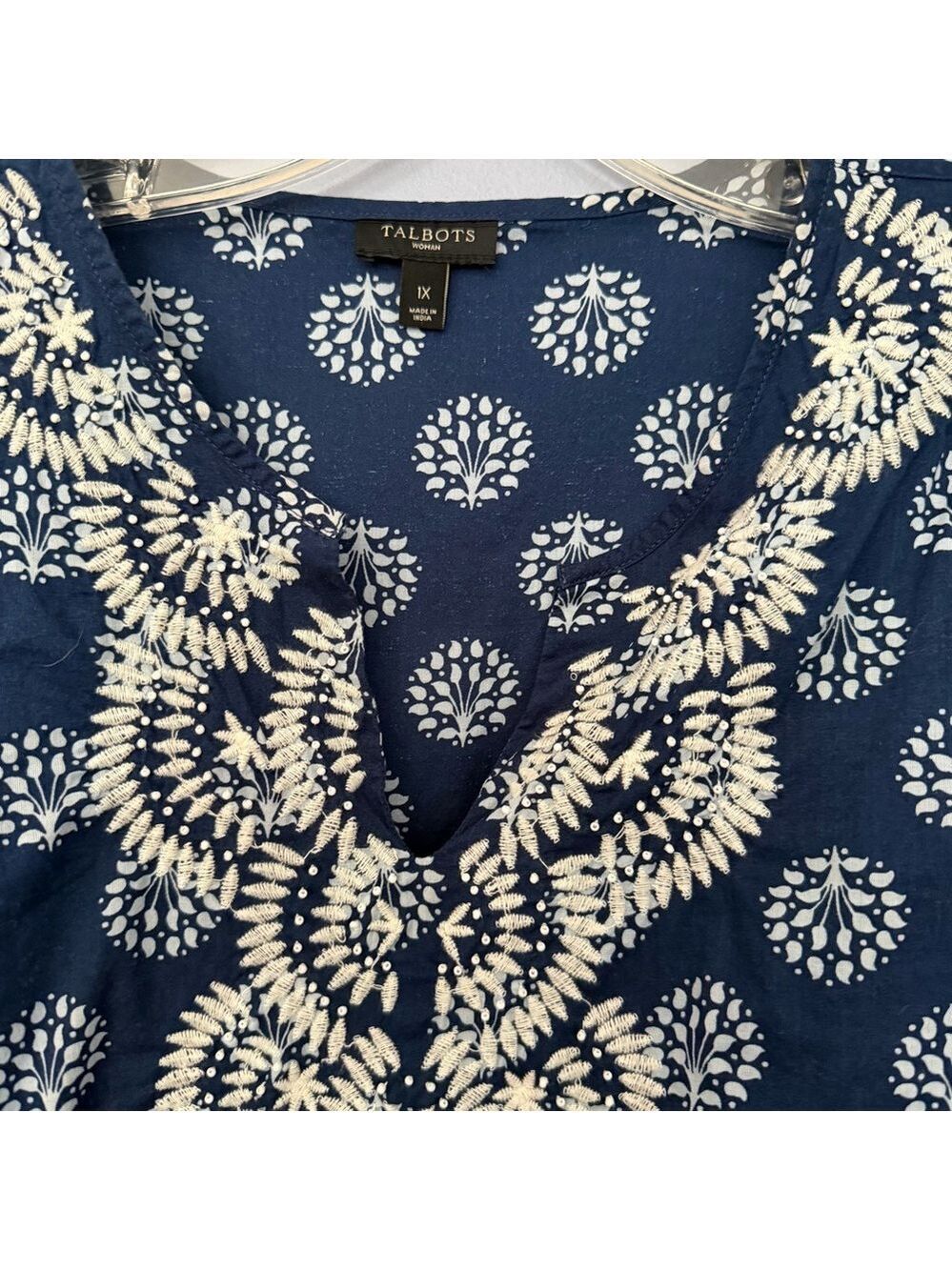 Talbots Navy Blue Embroidered Beaded Cotton Tunic 1X - Picture 3 of 8
